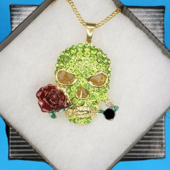 Green Rhinestone Skull Pendant Necklace w/ Red Rose – Gothic Gift Boxed Jewelry - Picture 3 of 8